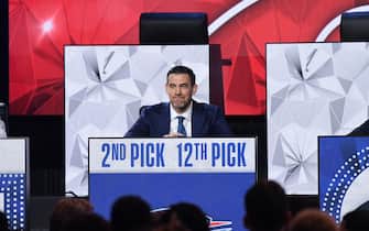 CHICAGO,IL - MAY 17: Former player, Nick Collison smiles as the Oklahoma City Thunder is picked 2nd and 12th overall in the NBA Draft during the 2022 NBA Draft Lottery at McCormick Place on May 17, 2022 in Chicago, Illinois. NOTE TO USER: User expressly acknowledges and agrees that, by downloading and or using this photograph, User is consenting to the terms and conditions of the Getty Images License Agreement. Mandatory Copyright Notice: Copyright 2022 NBAE (Photo by Chris Schwegler/NBAE via Getty Images)