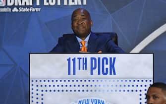 CHICAGO,IL - MAY 17: William Wesley looks on as the New York Knicks are picked 11th overall for the NBA Draft during the 2022 NBA Draft Lottery at McCormick Place on May 17, 2022 in Chicago, Illinois. NOTE TO USER: User expressly acknowledges and agrees that, by downloading and or using this photograph, User is consenting to the terms and conditions of the Getty Images License Agreement. Mandatory Copyright Notice: Copyright 2022 NBAE (Photo by Chris Schwegler/NBAE via Getty Images)