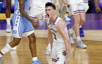 NEW ORLEANS, LOUISIANA - APRIL 04: Christian Braun #2 of the Kansas Jayhawks reacts in the second half of the game against the North Carolina Tar Heels during the 2022 NCAA Men's Basketball Tournament National Championship at Caesars Superdome on April 04, 2022 in New Orleans, Louisiana. (Photo by Chris Graythen/Getty Images)