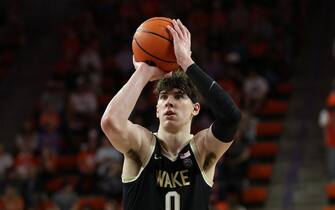 CLEMSON, SC - FEBRUARY 23: Wake Forest forward Jake LaRavia (0) during a college basketball game between the Wake Forest Demon Deacons and the Clemson Tigers on February 23, 2022, at Littlejohn Coliseum in Clemson, S.C. (Photo by John Byrum/Icon Sportswire via Getty Images)