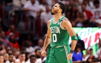 MIAMI, FLORIDA - MAY 19: Jayson Tatum #0 of the Boston Celtics celebrates a three pointer and a foul against the Miami Heat during the second quarter in Game Two of the 2022 NBA Playoffs Eastern Conference Finals at FTX Arena on May 19, 2022 in Miami, Florida. NOTE TO USER: User expressly acknowledges and agrees that, by downloading and or using this photograph, User is consenting to the terms and conditions of the Getty Images License Agreement. (Photo by Michael Reaves/Getty Images)