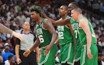 MIAMI, FL - MAY 19: Marcus Smart #36 of the Boston Celtics reacts during Game 2 of the 2022 NBA Playoffs Eastern Conference Finals on May 19, 2022 at The FTX Arena in Miami, Florida. NOTE TO USER: User expressly acknowledges and agrees that, by downloading and/or using this Photograph, user is consenting to the terms and conditions of the Getty Images License Agreement. Mandatory Copyright Notice: Copyright 2022 NBAE (Photo by Jesse D. Garrabrant/NBAE via Getty Images) 
