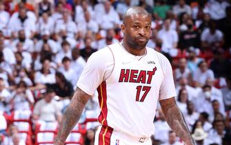 MIAMI, FL - APRIL 17: P.J. Tucker #17 of the Miami Heat looks on during the game against the Atlanta Hawks during Round 1 Game 1 of the 2022 NBA Playoffs on April 17, 2022 at FTX Arena in Miami, Florida. NOTE TO USER: User expressly acknowledges and agrees that, by downloading and or using this photograph, User is consenting to the terms and conditions of the Getty Images License Agreement. Mandatory Copyright Notice: Copyright 2022 NBAE (Photo by Jeff Haynes/NBAE via Getty Images)
