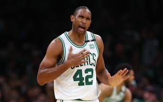 BOSTON, MASSACHUSETTS - MAY 21: Al Horford #42 of the Boston Celtics reacts in the third quarter against the Miami Heat in Game Three of the 2022 NBA Playoffs Eastern Conference Finals at TD Garden on May 21, 2022 in Boston, Massachusetts. NOTE TO USER: User expressly acknowledges and agrees that, by downloading and/or using this photograph, User is consenting to the terms and conditions of the Getty Images License Agreement.  (Photo by Elsa/Getty Images)