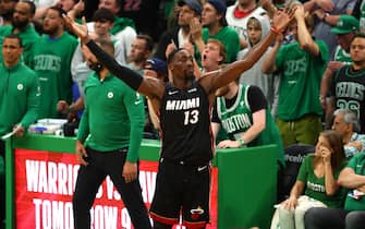 BOSTON, MASSACHUSETTS - MAY 21: Bam Adebayo #13 of the Miami Heat reacts after a basket in the fourth quarter against the Boston Celtics in Game Three of the 2022 NBA Playoffs Eastern Conference Finals at TD Garden on May 21, 2022 in Boston, Massachusetts. NOTE TO USER: User expressly acknowledges and agrees that, by downloading and/or using this photograph, User is consenting to the terms and conditions of the Getty Images License Agreement.  (Photo by Elsa/Getty Images)