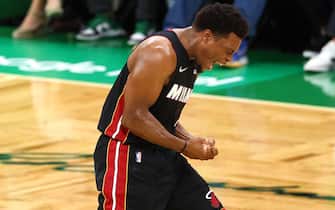 BOSTON, MASSACHUSETTS - MAY 21: Kyle Lowry #7 of the Miami Heat reacts after a late basket in the fourth quarter against the Boston Celtics in Game Three of the 2022 NBA Playoffs Eastern Conference Finals at TD Garden on May 21, 2022 in Boston, Massachusetts. NOTE TO USER: User expressly acknowledges and agrees that, by downloading and/or using this photograph, User is consenting to the terms and conditions of the Getty Images License Agreement.  (Photo by Elsa/Getty Images)