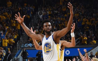SAN FRANCISCO, CA - MAY 20: Andrew Wiggins #22 of the Golden State Warriors celebrates during Game 2 of the 2022 NBA Playoffs Western Conference Finals against the Dallas Mavericks on May 20, 2022 at Chase Center in San Francisco, California. NOTE TO USER: User expressly acknowledges and agrees that, by downloading and or using this photograph, user is consenting to the terms and conditions of Getty Images License Agreement. Mandatory Copyright Notice: Copyright 2022 NBAE (Photo by Noah Graham/NBAE via Getty Images)