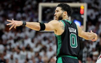 MIAMI, FLORIDA - MAY 25: Jayson Tatum #0 of the Boston Celtics reacts against the Miami Heat during the fourth quarter in Game Five of the 2022 NBA Playoffs Eastern Conference Finals at FTX Arena on May 25, 2022 in Miami, Florida. NOTE TO USER: User expressly acknowledges and agrees that, by downloading and or using this photograph, User is consenting to the terms and conditions of the Getty Images License Agreement. (Photo by Andy Lyons/Getty Images)
