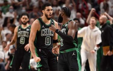 MIAMI, FL - MAY 25: Jayson Tatum #0 of the Boston Celtics reacts to a play during Game 5 of the 2022 NBA Playoffs Eastern Conference Finals on May 25, 2022 at FTX Arena in Miami, Florida. NOTE TO USER: User expressly acknowledges and agrees that, by downloading and or using this Photograph, user is consenting to the terms and conditions of the Getty Images License Agreement. Mandatory Copyright Notice: Copyright 2022 NBAE (Photo by David Dow/NBAE via Getty Images)