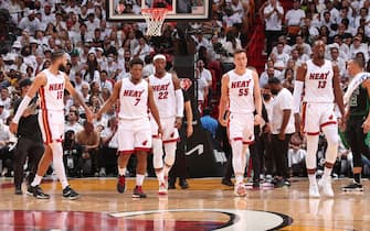 MIAMI, FL - MAY 25: Caleb Martin #16 of the Miami Heat high fives Kyle Lowry #7 during Game 5 of the 2022 NBA Playoffs Eastern Conference Finals on May 25, 2022 at FTX Arena in Miami, Florida. NOTE TO USER: User expressly acknowledges and agrees that, by downloading and or using this Photograph, user is consenting to the terms and conditions of the Getty Images License Agreement. Mandatory Copyright Notice: Copyright 2022 NBAE (Photo by Issac Baldizon/NBAE via Getty Images)