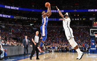 PHILADELPHIA, PA - APRIL 13: Jimmy Butler #23 of the Philadelphia 76ers shoots a three-pointer against the Brooklyn Nets during Game One of Round One of the 2019 NBA Playoffs on April 13, 2019 at the Wells Fargo Center in Philadelphia, Pennsylvania NOTE TO USER: User expressly acknowledges and agrees that, by downloading and/or using this Photograph, user is consenting to the terms and conditions of the Getty Images License Agreement. Mandatory Copyright Notice: Copyright 2019 NBAE (Photo by Jesse D. Garrabrant/NBAE via Getty Images)