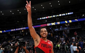 DENVER, COLORADO - MAY 12: CJ McCollum #3 of the Portland Trail Blazers celebrates their win against the Denver Nuggetts during Game Seven of the Western Conference Semi-Finals of the 2019 NBA Playoffs at the Pepsi Center on May 12, 2019 in Denver, Colorado. NOTE TO USER: User expressly acknowledges and agrees that, by downloading and or using this photograph, User is consenting to the terms and conditions of the Getty Images License Agreement. (Photo by Matthew Stockman/Getty Images)