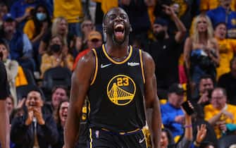 SAN FRANCISCO, CA - MAY 26: Draymond Green #23 of the Golden State Warriors celebrates against the Dallas Mavericks during Game 5 of the 2022 NBA Playoffs Western Conference Finals on May 26, 2022 at Chase Center in San Francisco, California. NOTE TO USER: User expressly acknowledges and agrees that, by downloading and or using this photograph, user is consenting to the terms and conditions of Getty Images License Agreement. Mandatory Copyright Notice: Copyright 2022 NBAE (Photo by Garrett Ellwood/NBAE via Getty Images)