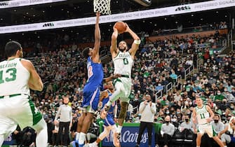 BOSTON, MA - DECEMBER 17: Jayson Tatum #0 of the Boston Celtics shoots the ball during the game against the Golden State Warriors on December 17, 2021 at the TD Garden in Boston, Massachusetts.  NOTE TO USER: User expressly acknowledges and agrees that, by downloading and or using this photograph, User is consenting to the terms and conditions of the Getty Images License Agreement. Mandatory Copyright Notice: Copyright 2021 NBAE  (Photo by Jesse D. Garrabrant/NBAE via Getty Images)