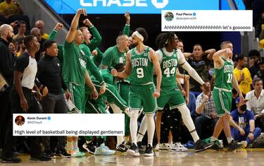 SAN FRANCISCO, CALIFORNIA - JUNE 02: Derrick White #9 of the Boston Celtics reacts during the fourth quarter against the Golden State Warriors in Game One of the 2022 NBA Finals at Chase Center on June 02, 2022 in San Francisco, California. NOTE TO USER: User expressly acknowledges and agrees that, by downloading and/or using this photograph, User is consenting to the terms and conditions of the Getty Images License Agreement. (Photo by Ezra Shaw/Getty Images)