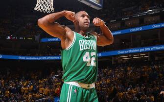 SAN FRANCISCO, CA - JUNE 2: Al Horford #42 of the Boston Celtics celebrates during Game One of the 2022 NBA Finals against the Golden State Warriors on June 2, 2022 at Chase Center in San Francisco, California. NOTE TO USER: User expressly acknowledges and agrees that, by downloading and or using this photograph, user is consenting to the terms and conditions of Getty Images License Agreement. Mandatory Copyright Notice: Copyright 2022 NBAE (Photo by Nathaniel S. Butler/NBAE via Getty Images)