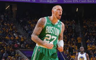 SAN FRANCISCO, CA - JUNE 2: Daniel Theis #27 of the Boston Celtics celebrates during Game One of the 2022 NBA Finals on June 2, 2022 at Chase Center in San Francisco, California. NOTE TO USER: User expressly acknowledges and agrees that, by downloading and or using this photograph, user is consenting to the terms and conditions of Getty Images License Agreement. Mandatory Copyright Notice: Copyright 2022 NBAE (Photo by Jesse D. Garrabrant/NBAE via Getty Images)