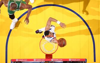 SAN FRANCISCO, CA - JUNE 2: Jordan Poole #3 of the Golden State Warriors drives to the basket during Game One of the 2022 NBA Finals against the Boston Celtics on June 2, 2022 at Chase Center in San Francisco, California. NOTE TO USER: User expressly acknowledges and agrees that, by downloading and or using this photograph, user is consenting to the terms and conditions of Getty Images License Agreement. Mandatory Copyright Notice: Copyright 2022 NBAE (Photo by Nathaniel S. Butler/NBAE via Getty Images)