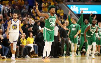 SAN FRANCISCO, CALIFORNIA - JUNE 02: Marcus Smart #36 of the Boston Celtics reacts after his three point basket against the Golden State Warriors during the fourth quarter in Game One of the 2022 NBA Finals at Chase Center on June 02, 2022 in San Francisco, California. NOTE TO USER: User expressly acknowledges and agrees that, by downloading and/or using this photograph, User is consenting to the terms and conditions of the Getty Images License Agreement. (Photo by Ezra Shaw/Getty Images)