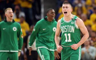 SAN FRANCISCO, CALIFORNIA - JUNE 02: Payton Pritchard #11 of the Boston Celtics reacts during the fourth quarter against the Golden State Warriors in Game One of the 2022 NBA Finals at Chase Center on June 02, 2022 in San Francisco, California. NOTE TO USER: User expressly acknowledges and agrees that, by downloading and/or using this photograph, User is consenting to the terms and conditions of the Getty Images License Agreement. (Photo by Ezra Shaw/Getty Images)