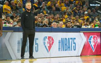 SAN FRANCISCO, CA - JUNE 2: Head Coach Steve Kerr of the Golden State Warriors looks on during Game One of the 2022 NBA Finals on June 2, 2022 at Chase Center in San Francisco, California. NOTE TO USER: User expressly acknowledges and agrees that, by downloading and or using this photograph, user is consenting to the terms and conditions of Getty Images License Agreement. Mandatory Copyright Notice: Copyright 2022 NBAE (Photo by Jesse D. Garrabrant/NBAE via Getty Images)