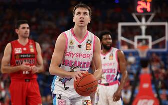 PERTH, AUSTRALIA - APRIL 07: Hugo Besson of the Breakers shoots a free throw during the round 19 NBL match between the Perth Wildcats and New Zealand Breakers at RAC Arena on April 07, 2022, in Perth, Australia. (Photo by Paul Kane/Getty Images)