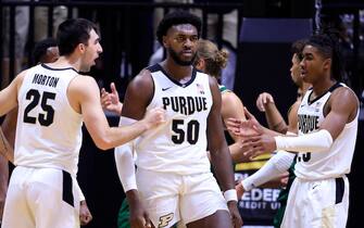 WEST LAFAYETTE, INDIANA - NOVEMBER 16: Trevion Williams #50 of the Purdue Boilermakers reacts after a play during the first half in the game against the Wright State Raiders at Mackey Arena on November 16, 2021 in West Lafayette, Indiana. (Photo by Justin Casterline/Getty Images)
