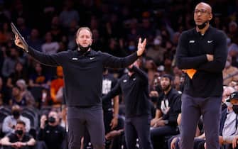 PHOENIX, ARIZONA - FEBRUARY 12: Associate head coach Kevin Young of the Phoenix Suns gestures during the first half against the Orlando Magic at Footprint Center on February 12, 2022 in Phoenix, Arizona. The Suns beat the Magic 132-105. NOTE TO USER: User expressly acknowledges and agrees that, by downloading and or using this photograph, User is consenting to the terms and conditions of the Getty Images License Agreement. (Photo by Chris Coduto/Getty Images)