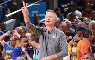 SAN FRANCISCO, CA - JUNE 5: Head Coach Steve Kerr of the Golden State Warriors looks on against the Boston Celtics during Game Two of the 2022 NBA Finals on June 5, 2022 at Chase Center in San Francisco, California. NOTE TO USER: User expressly acknowledges and agrees that, by downloading and or using this photograph, user is consenting to the terms and conditions of Getty Images License Agreement. Mandatory Copyright Notice: Copyright 2022 NBAE (Photo by Nathaniel S. Butler/NBAE via Getty Images)