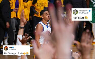 SAN FRANCISCO, CA - JUNE 5: Jordan Poole #3 of the Golden State Warriors celebrates a half court shot against the Boston Celtics during Game Two of the 2022 NBA Finals on June 5, 2022 at Chase Center in San Francisco, California. NOTE TO USER: User expressly acknowledges and agrees that, by downloading and or using this photograph, user is consenting to the terms and conditions of Getty Images License Agreement. Mandatory Copyright Notice: Copyright 2022 NBAE (Photo by Garrett Ellwood/NBAE via Getty Images)