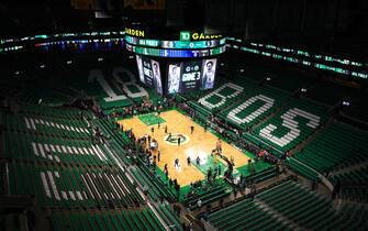 BOSTON, MASSACHUSETTS - JUNE 08: A general view of the court prior to the game between the Boston Celtics and the Golden State Warriors in Game Three of the 2022 NBA Finals at TD Garden on June 08, 2022 in Boston, Massachusetts. NOTE TO USER: User expressly acknowledges and agrees that, by downloading and/or using this photograph, User is consenting to the terms and conditions of the Getty Images License Agreement. (Photo by Elsa/Getty Images)
