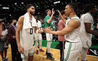 BOSTON, MASSACHUSETTS - JUNE 08: Jayson Tatum #0 and Grant Williams #12 of the Boston Celtics celebrate their 116-100 win against the Golden State Warriors after Game Three of the 2022 NBA Finals at TD Garden on June 08, 2022 in Boston, Massachusetts. NOTE TO USER: User expressly acknowledges and agrees that, by downloading and/or using this photograph, User is consenting to the terms and conditions of the Getty Images License Agreement. (Photo by Maddie Meyer/Getty Images)