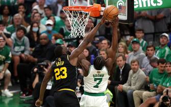 BOSTON, MASSACHUSETTS - JUNE 08: Draymond Green #23 of the Golden State Warriors blocks a shot by Jaylen Brown #7 of the Boston Celtics in the first quarter during Game Three of the 2022 NBA Finals at TD Garden on June 08, 2022 in Boston, Massachusetts. NOTE TO USER: User expressly acknowledges and agrees that, by downloading and/or using this photograph, User is consenting to the terms and conditions of the Getty Images License Agreement. (Photo by Maddie Meyer/Getty Images)