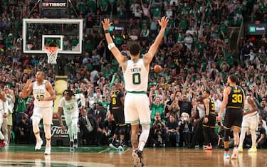 BOSTON, MA - JUNE 8: Jayson Tatum #0 of the Boston Celtics celebrates against the Golden State Warriors during Game Three of the 2022 NBA Finals on June 8, 2022 at TD Garden in Boston, Massachusetts. NOTE TO USER: User expressly acknowledges and agrees that, by downloading and or using this photograph, user is consenting to the terms and conditions of Getty Images License Agreement. Mandatory Copyright Notice: Copyright 2022 NBAE (Photo by Nathaniel S. Butler/NBAE via Getty Images)