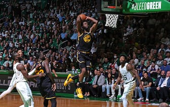 BOSTON, MA - JUNE 8: Andrew Wiggins #22 of the Golden State Warriors dunks the ball against the Boston Celtics during Game Three of the 2022 NBA Finals on June 8, 2022 at TD Garden in Boston, Massachusetts. NOTE TO USER: User expressly acknowledges and agrees that, by downloading and or using this photograph, user is consenting to the terms and conditions of Getty Images License Agreement. Mandatory Copyright Notice: Copyright 2022 NBAE (Photo by Garrett Ellwood/NBAE via Getty Images)