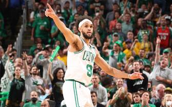 BOSTON, MA - JUNE 8: Derrick White #9 of the Boston Celtics celebrates against the Golden State Warriors during Game Three of the 2022 NBA Finals on June 8, 2022 at TD Garden in Boston, Massachusetts. NOTE TO USER: User expressly acknowledges and agrees that, by downloading and or using this photograph, user is consenting to the terms and conditions of Getty Images License Agreement. Mandatory Copyright Notice: Copyright 2022 NBAE (Photo by Nathaniel S. Butler/NBAE via Getty Images)