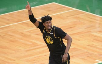 BOSTON, MA - JUNE 8: Kevon Looney #5 of the Golden State Warriors reacts to a play during Game Three of the 2022 NBA Finals on June 8, 2022 at TD Garden in Boston, Massachusetts. NOTE TO USER: User expressly acknowledges and agrees that, by downloading and or using this photograph, user is consenting to the terms and conditions of Getty Images License Agreement. Mandatory Copyright Notice: Copyright 2022 NBAE (Photo by Noah Graham/NBAE via Getty Images)