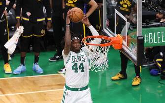 BOSTON, MA - JUNE 8: Robert Williams III #44 of the Boston Celtics dunks the ball against the Golden State Warriors during Game Three of the 2022 NBA Finals on June 8, 2022 at TD Garden in Boston, Massachusetts. NOTE TO USER: User expressly acknowledges and agrees that, by downloading and or using this photograph, user is consenting to the terms and conditions of Getty Images License Agreement. Mandatory Copyright Notice: Copyright 2022 NBAE (Photo by Joe Murphy/NBAE via Getty Images)