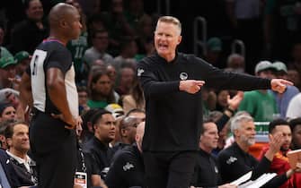 BOSTON, MASSACHUSETTS - JUNE 08: Head coach Steve Kerr of the Golden State Warriors reacts to a play with referee Courtney Kirkland #61 in the fourth quarter against the Boston Celtics during Game Three of the 2022 NBA Finals at TD Garden on June 08, 2022 in Boston, Massachusetts. NOTE TO USER: User expressly acknowledges and agrees that, by downloading and/or using this photograph, User is consenting to the terms and conditions of the Getty Images License Agreement. (Photo by Maddie Meyer/Getty Images)