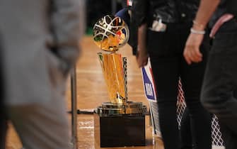 BOSTON, MA - JUNE 10: A detail photo of the Larry O'Brien Trophy during Game Four of the 2022 NBA Finals on June 10, 2022 at TD Garden in Boston, Massachusetts. NOTE TO USER: User expressly acknowledges and agrees that, by downloading and or using this photograph, user is consenting to the terms and conditions of Getty Images License Agreement. Mandatory Copyright Notice: Copyright 2022 NBAE (Photo by Jesse D. GarrabrantNBAE via Getty Images)