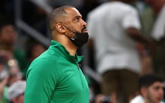 BOSTON, MASSACHUSETTS - JUNE 10: Head coach Ime Udoka of the Boston Celtics looks on in the third quarter against the Golden State Warriors during Game Four of the 2022 NBA Finals at TD Garden on June 10, 2022 in Boston, Massachusetts. NOTE TO USER: User expressly acknowledges and agrees that, by downloading and/or using this photograph, User is consenting to the terms and conditions of the Getty Images License Agreement. (Photo by Elsa/Getty Images)