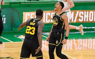 BOSTON, MA - JUNE 10: Jordan Poole #3 of the Golden State Warriors celebrates a play during Game Four of the 2022 NBA Finals against the Boston Celtics on June 10, 2022 at TD Garden in Boston, Massachusetts. NOTE TO USER: User expressly acknowledges and agrees that, by downloading and or using this photograph, user is consenting to the terms and conditions of Getty Images License Agreement. Mandatory Copyright Notice: Copyright 2022 NBAE (Photo by Brian Babineau/NBAE via Getty Images)