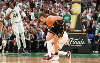BOSTON, MA - JUNE 10: Nemanja Bjelica #8 of the Golden State Warriors steals the ball against the Boston Celtics during Game Four of the 2022 NBA Finals on June 10, 2022 at TD Garden in Boston, Massachusetts. NOTE TO USER: User expressly acknowledges and agrees that, by downloading and or using this photograph, user is consenting to the terms and conditions of Getty Images License Agreement. Mandatory Copyright Notice: Copyright 2022 NBAE (Photo by Nathaniel S. Butler/NBAE via Getty Images)
