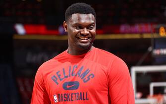 NEW ORLEANS, LA - APRIL 28: Zion Williamson #1 of the New Orleans Pelicans smiles before Round 1 Game 6 of the 2022 NBA Playoffs on April 28, 2022 at the Smoothie King Center in New Orleans, Louisiana. NOTE TO USER: User expressly acknowledges and agrees that, by downloading and or using this Photograph, user is consenting to the terms and conditions of the Getty Images License Agreement. Mandatory Copyright Notice: Copyright 2022 NBAE (Photo by Ned Dishman/NBAE via Getty Images)