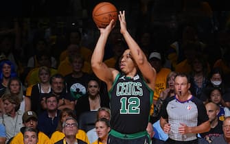 SAN FRANCISCO, CA - JUNE 13: Grant Williams #12 of the Boston Celtics shoots a three point basket against the Golden State Warriors during Game Five of the 2022 NBA Finals on June 13, 2022 at Chase Center in San Francisco, California. NOTE TO USER: User expressly acknowledges and agrees that, by downloading and or using this photograph, user is consenting to the terms and conditions of Getty Images License Agreement. Mandatory Copyright Notice: Copyright 2022 NBAE (Photo by Garrett Ellwood/NBAE via Getty Images)