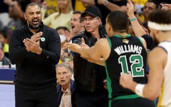 SAN FRANCISCO, CALIFORNIA - JUNE 13: Head coach Ime Udoka of the Boston Celtics reacts to a foul call on Grant Williams #12 during the third quarter against the Golden State Warriors in Game Five of the 2022 NBA Finals at Chase Center on June 13, 2022 in San Francisco, California. NOTE TO USER: User expressly acknowledges and agrees that, by downloading and/or using this photograph, User is consenting to the terms and conditions of the Getty Images License Agreement. (Photo by Ezra Shaw/Getty Images)