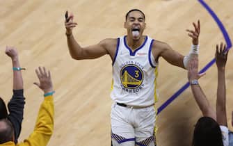 SAN FRANCISCO, CALIFORNIA - JUNE 13: Jordan Poole #3 of the Golden State Warriors celebrates a three point basket during the third quarter against the Boston Celtics in Game Five of the 2022 NBA Finals at Chase Center on June 13, 2022 in San Francisco, California. NOTE TO USER: User expressly acknowledges and agrees that, by downloading and/or using this photograph, User is consenting to the terms and conditions of the Getty Images License Agreement. (Photo by Lachlan Cunningham/Getty Images)