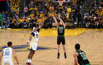SAN FRANCISCO, CA - JUNE 13: Payton Pritchard #11 of the Boston Celtics shoots a three point basket during Game Five of the 2022 NBA Finals against the Golden State Warriors on June 13, 2022 at Chase Center in San Francisco, California. NOTE TO USER: User expressly acknowledges and agrees that, by downloading and or using this photograph, user is consenting to the terms and conditions of Getty Images License Agreement. Mandatory Copyright Notice: Copyright 2022 NBAE (Photo by Noah Graham/NBAE via Getty Images)