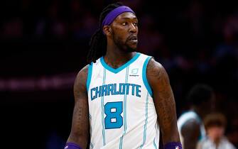 CHARLOTTE, NORTH CAROLINA - FEBRUARY 25: Montrezl Harrell #8 of the Charlotte Hornets looks on in the second half of the game against the Toronto Raptors at Spectrum Center on February 25, 2022 in Charlotte, North Carolina. NOTE TO USER: User expressly acknowledges and agrees that, by downloading and or using this photograph, User is consenting to the terms and conditions of the Getty Images License Agreement. (Photo by Jared C. Tilton/Getty Images)