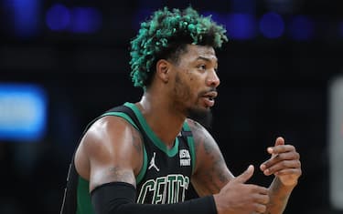 (050122 Boston, MA): Boston Celtics guard Marcus Smart was sporting green hair during the 3rd quarter of Game 1 of the second round of the Eastern Conference playoffs against the Milwaukee Bucks at the TD Garden on Sunday,May 1, 2022 in Boston, MA. (Photo By Nancy Lane/MediaNews Group/Boston Herald via Getty Images)